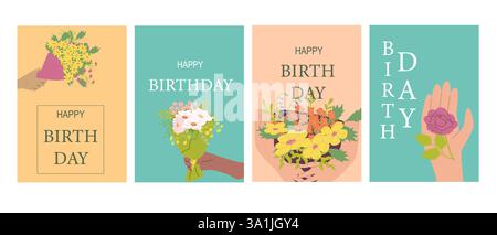 Colorful birthday cards with floral bouquets in diverse hands. Stock Vector