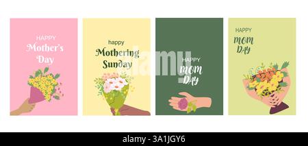 Mother's day greeting card collection with floral designs in various styles. Stock Vector