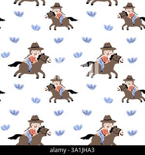 Playful cowboy themed pattern with kids on horses for child decor and textiles. Stock Vector