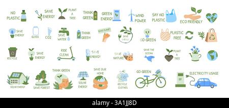 Eco-friendly icons promoting sustainability and green living initiatives. Stock Vector