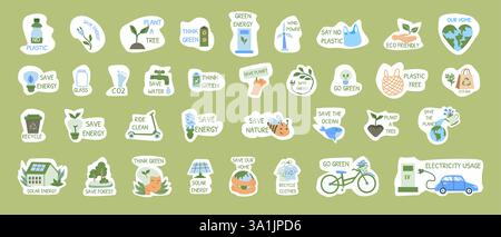 Eco friendly ecology stickers set of planet earth, solar and wind energy, plastic and reusable bags, recycle symbols and emblems. Environmental protec Stock Vector