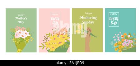 Mother's day and mothering sunday cards featuring beautiful flower bouquets. Stock Vector