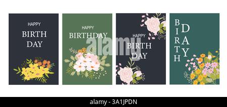 Elegant floral birthday cards set with colorful bouquets and roses. Stock Vector