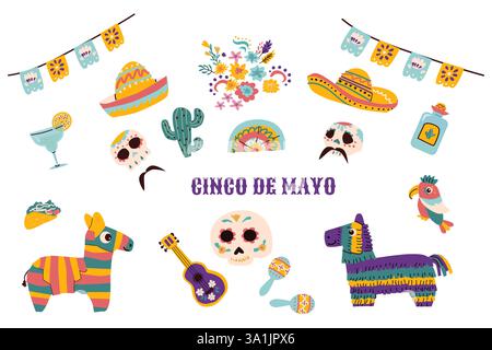 Cinco de Mayo elements. Mexican fiesta, bright festival decorations - pinata horse, cactus, sugar skull, sombrero, bunting flags, guitar, tako, tequil Stock Vector