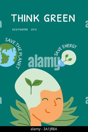 Think green: inspirational eco poster promoting environmental awareness and energy conservation. Stock Vector