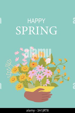Happy spring postercard, bouquet in hand with colorful flowers on green background. Stock Vector