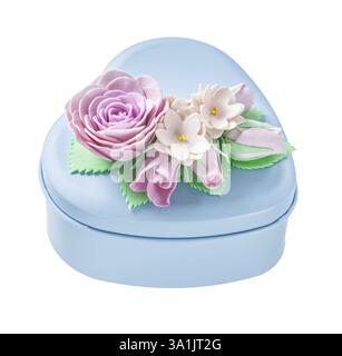 Heart-shaped metal blue gift box isolated on white Stock Photo