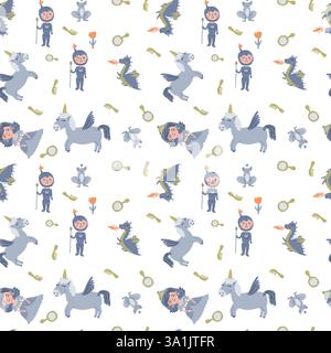 Enchanting princess and magical creatures pattern for design and crafts. Stock Vector