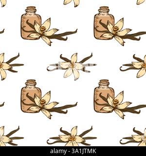 Seamless design with vanilla flowers, herbs, and natural extracts in flat sketch vector style. Perfect for organic perfume and essential oil packaging Stock Vector
