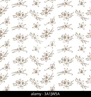 Seamless vector pattern featuring vanilla beans, aromatic herbs, and delicate flowers. Perfect for organic perfume and essential oil packaging Stock Vector