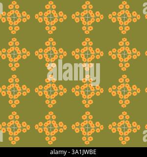 Seamless floral pattern with yellow flowers on olive green background. Stock Vector