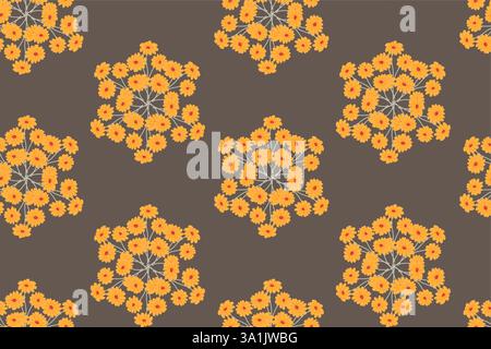 Geometric floral pattern with orange flowers on dark background. Stock Vector