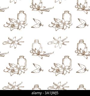 Vector doodles of vanilla beans, flowers, and leaves combined with herbs. A natural and organic pattern, ideal for cosmetics or essential oils brandin Stock Vector