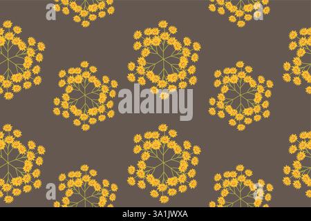 Seamless pattern of yellow sunflower circles on brown background. Stock Vector