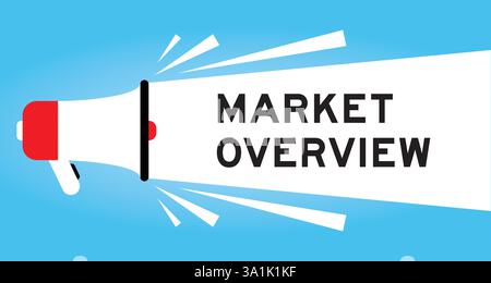 Color megaphone icon with word market overview in white banner on blue background Stock Vector