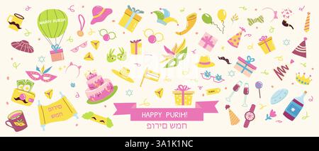 Purim carnival elements set. Collection of traditional jewish festival cliparts. Crown, masks, clown detales, vine, gifts and other icons, flat design Stock Vector