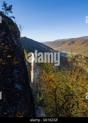 The sharp summit of Seneca Rocks, West Virginia, glows in the sunlight, rising above fall-colored mountains beneath a clear blue sky. Stock Photo