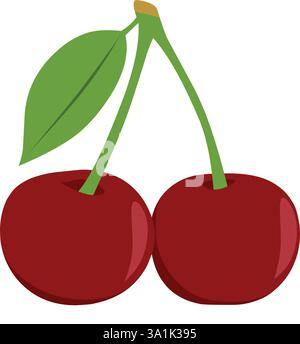 Two red cherries with one leaf Stock Vector