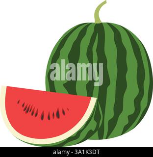 Whole red watermelon and slices isolated on white background Stock Vector
