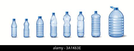 Illustration showing various plastic bottles ranging in size and shape aligned in a row. Bottles are transparent with blue caps demonstrating variety Stock Vector
