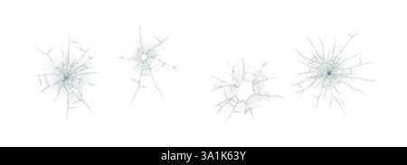 Set of realistic bullet hole cracks on glass surface with fine details and transparency on white background. Ideal for design projects and digital moc Stock Vector