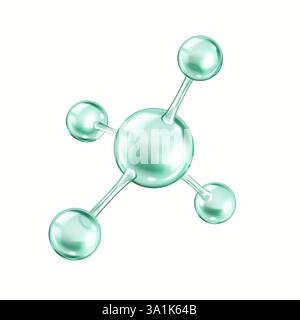 Rotating collagen molecule with atomic structure realistic vector illustration. Model made from green spheres 3d object on white background Stock Vector