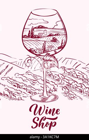 Wine glass with Tuscany landscape and vineyard fields. Hand-drawn vector sketch illustration. Wine label, winery shop design elements Stock Vector