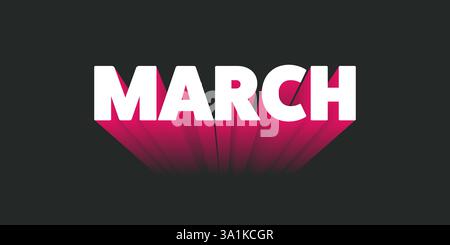 Dark Colorful Bold Big 3D March Text, Month Name Typography, Banner Design with Gradient Effect. Colors: White, Red, Purple Stock Vector