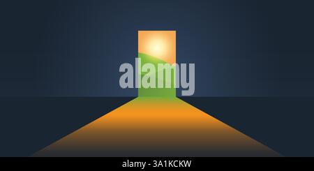 A doorway that opens to a vibrant landscape bathed in warm sunlight. The contrast between the shadowy interior and the bright outdoors evokes a sense Stock Vector
