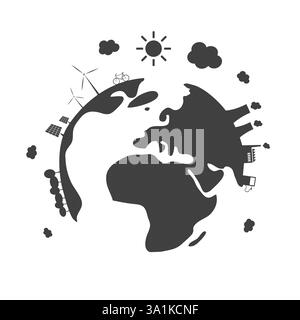 Polluted Planet - Black Eco Earth Globe Concept Clip-Art, Vector Design Isolated on White Background Stock Vector