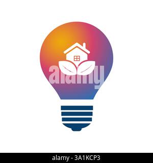 Colorful Eco Energy, Electric Power Solution Concept Icon Design - Smart Home, House and Leaves Inside a Light Bulb - Vector Clip-Art Template Isolate Stock Vector