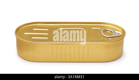 Side view of golden seafood tin can isolated on white Stock Photo