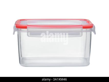 Front view of empty clear reusable plastic storage container isolated on white Stock Photo