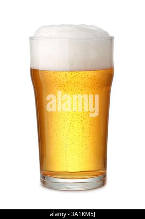 Front view of fresh beer in pint glass isolated on white Stock Photo