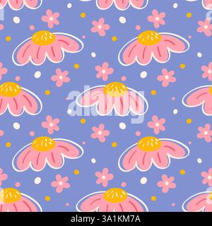 Pink Daisy Seamless Pattern on Blue Background Hand Drawn Floral Digital Paper for Invitations and DIY Projects Stock Vector