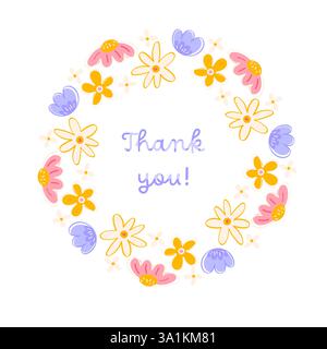 Floral Wreath Thank You Card Template with Hand Drawn Flowers Spring Frame for Printable Stationery Stock Vector