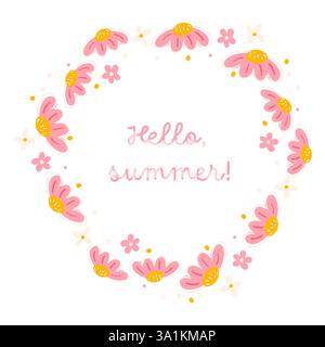 Pink Daisy Summer Wreath Hello Summer Floral Frame for Cards and Prints Stock Vector