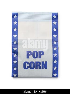 Top view of unpopped microwave popcorn in paper bag isolated on white Stock Photo