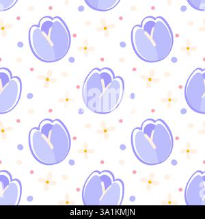 Blue Tulip Seamless Pattern with Small Flowers and Leaves Pastel Botanical Digital Background for Textile and Scrapbooking Stock Vector