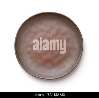 Top view of empty handmade rough brown clay plate isolated on white Stock Photo