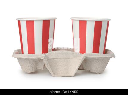 Side view of paper pulp carrier with two paper cups isolated on white Stock Photo