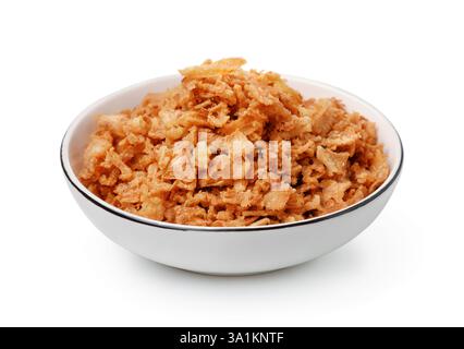 Ceramic bowl of dried onion flakes isolated on white Stock Photo