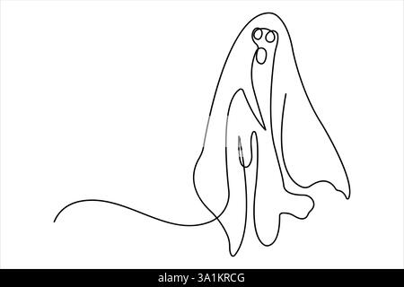 Continuous one line art drawing of ghost design. Spooky Halloween monster vector illustration Stock Vector