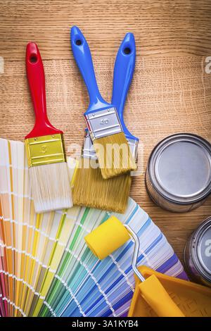 Paint brushes roller tray cans color palette Stock Photo