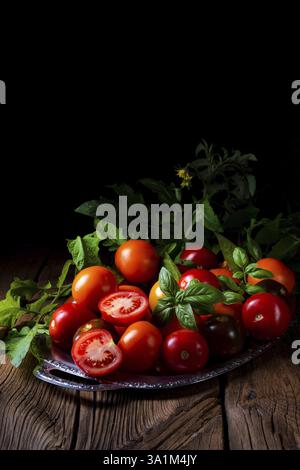 Various types of tomatoes served and presented on the silver platter Stock Photo