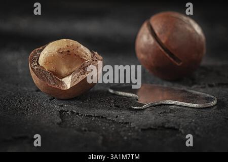 Opened Macadamia Nut On Dark Black Slate Sotone Surface Stock Photo