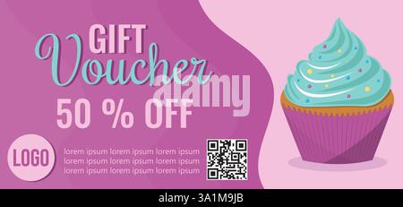 Gift certificate with a cupcake. Suitable for cafes, restaurants, pastry shops. Stock Vector