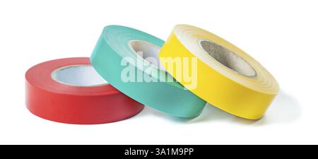 Red blue yellow rolls of insulation tape isolated on white background Stock Photo