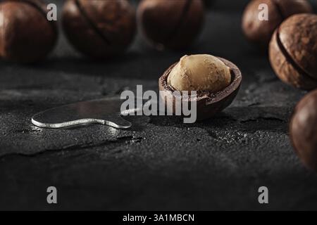 Opened Macadamia Nut And Opener Key For Open It Stock Photo