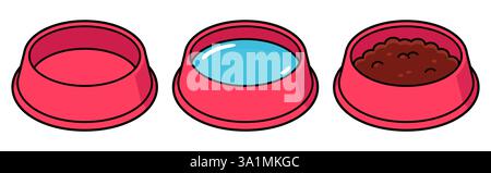 Pet food bowl cartoon icon. Empty, filled with water and kibble. Simple cat or dog bowl drawing. Isolated vector clip art illustration. Stock Vector